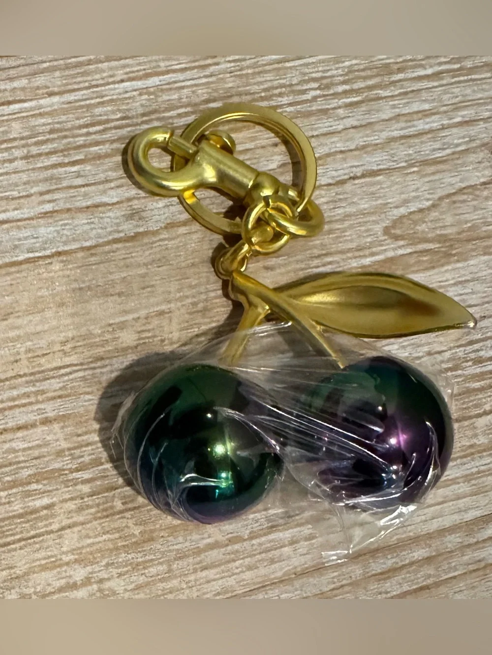 Iridescent Green-Purple Cherry Gold-Tone Keychain or Bag Charm